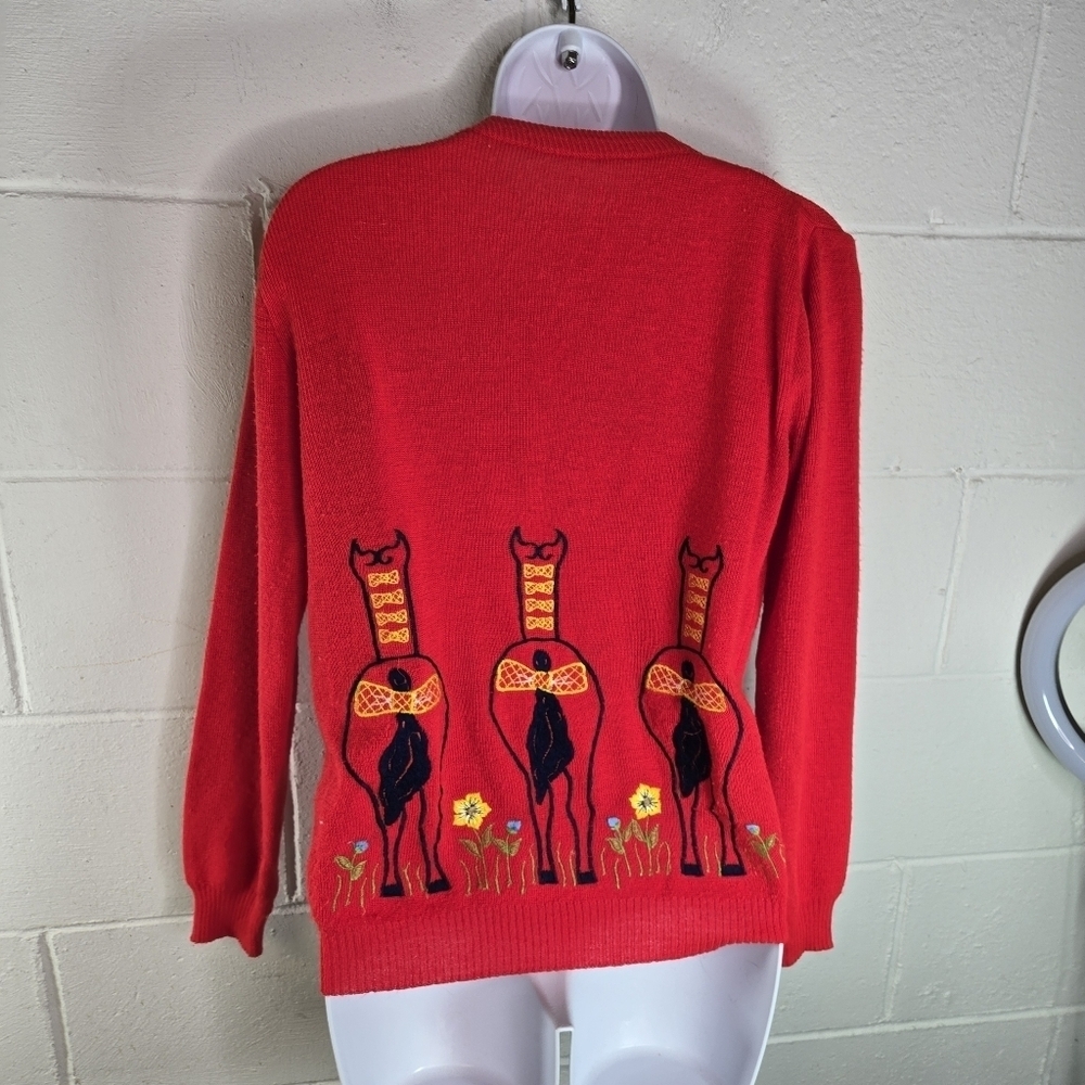 Vtg 70s red embroidered novelty equestrian cute horses v neck sweater reed hill - Picture 5 of 11